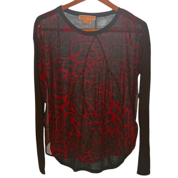 Michael Kors Red & Black Leopard Print Sheer Blouse Size Small Long Sleeve Top - Picture 3 of 10